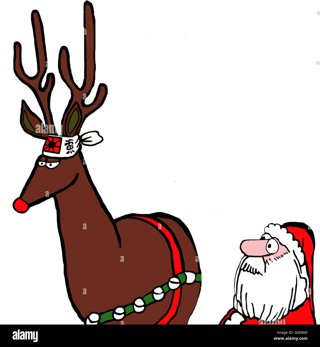 Color Christmas illustration of the red nosed reindeer wearing a kamikaze headband. Stock Photo