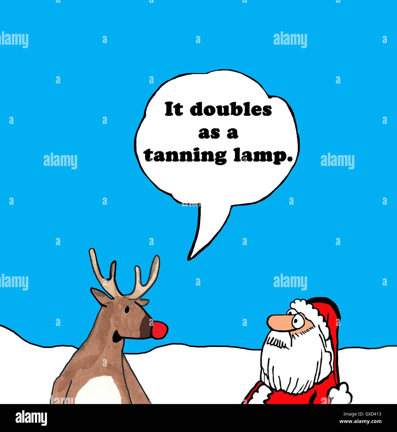 Color Christmas cartoon of the red nosed reindeer telling Santa Claus that his bright nose doubles as a tanning lamp. Stock Photo