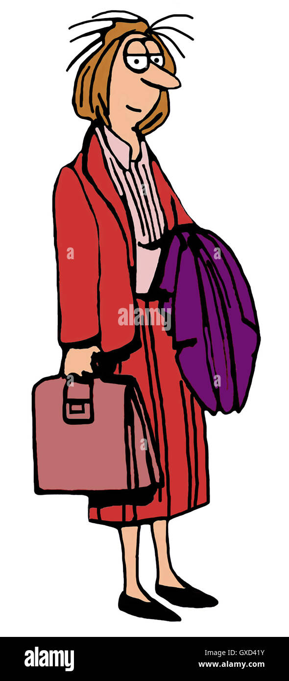 Color business illustration of a tired, but smiling, businesswoman leaving work for the day. Stock Photo