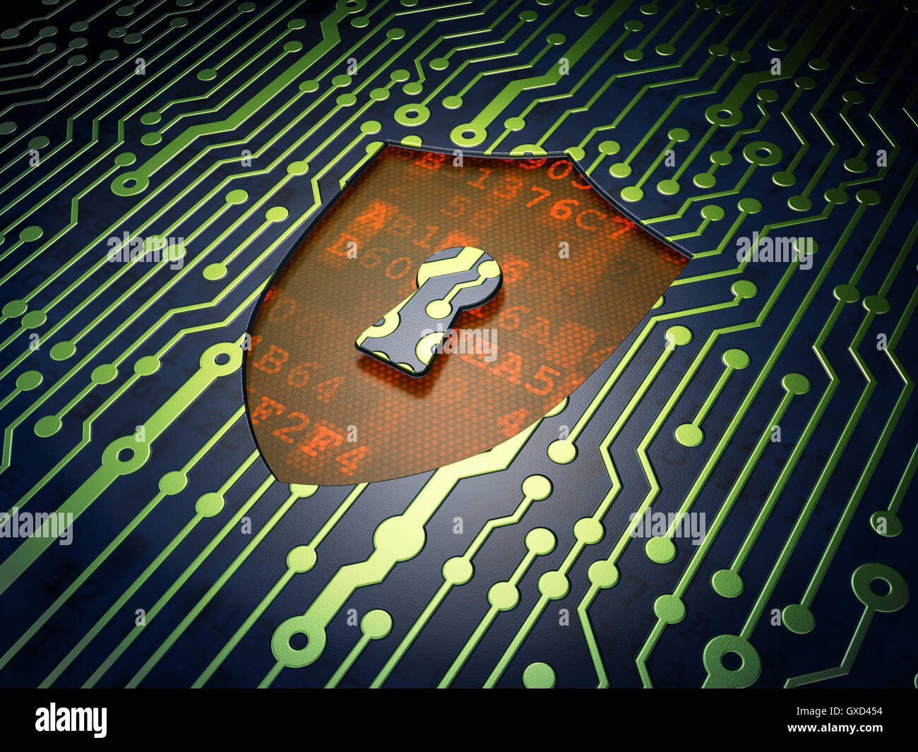 Safety concept: Shield With Keyhole on circuit board background Stock ...