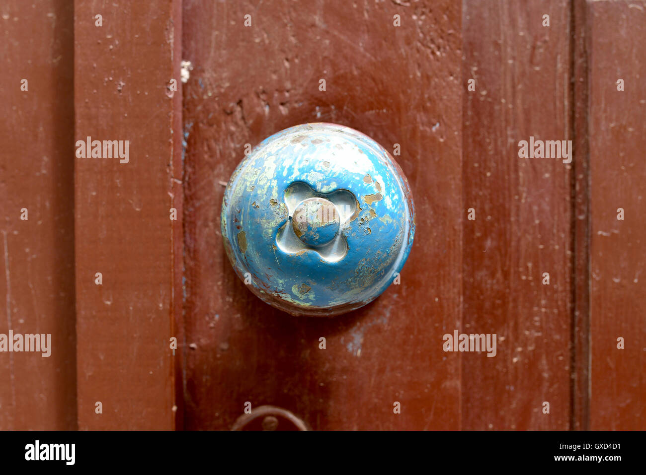 old wood door metal handle close detail Stock Photo