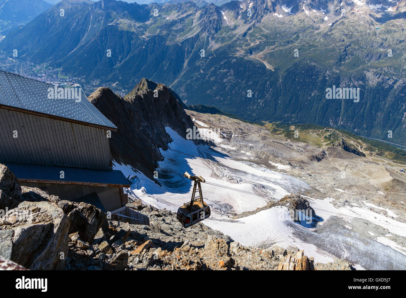 The Grand Montets cable car arriving at the top station, above Chamonix Mont Blanc Stock Photo