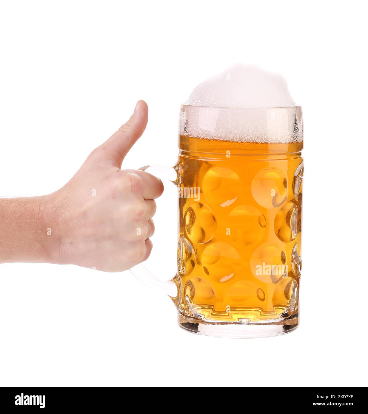 Mug of beer with foam in hand Stock Photo Alamy