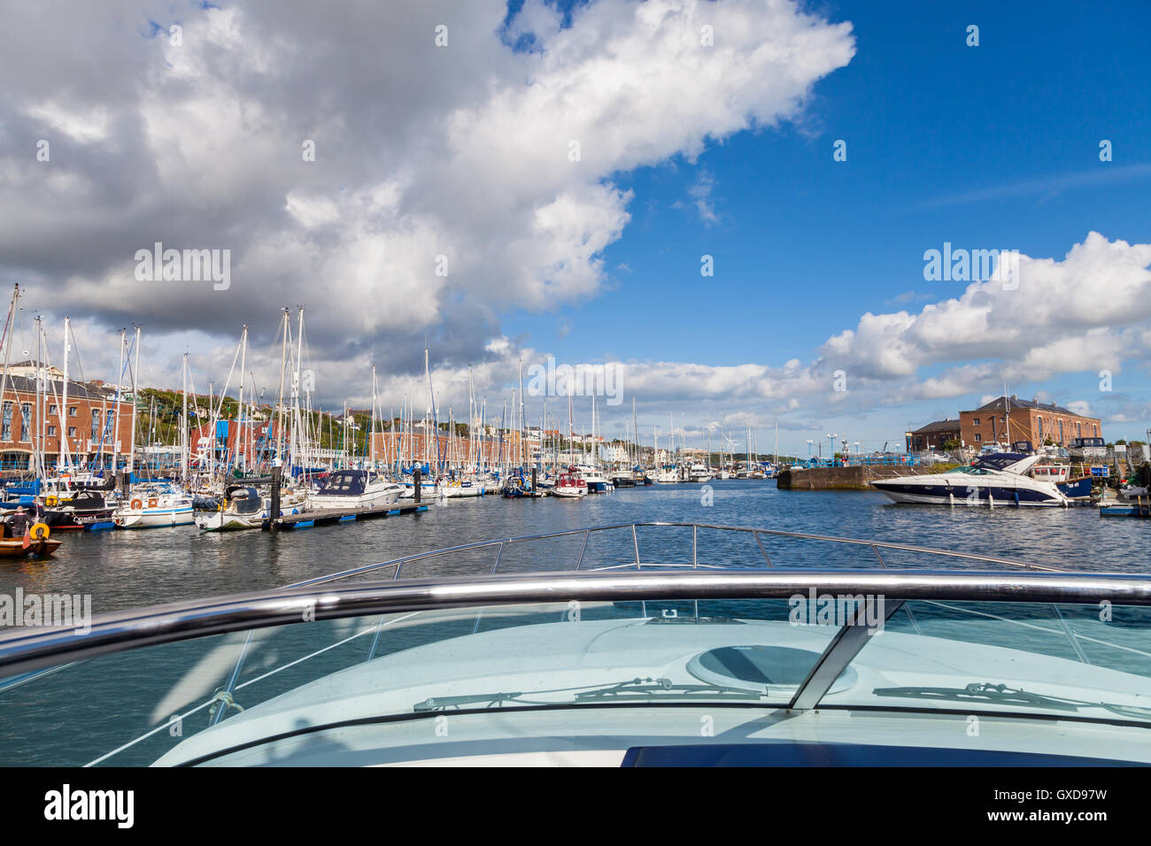 Milford Haven Marina from inside a motor cruiser Stock Photo Alamy