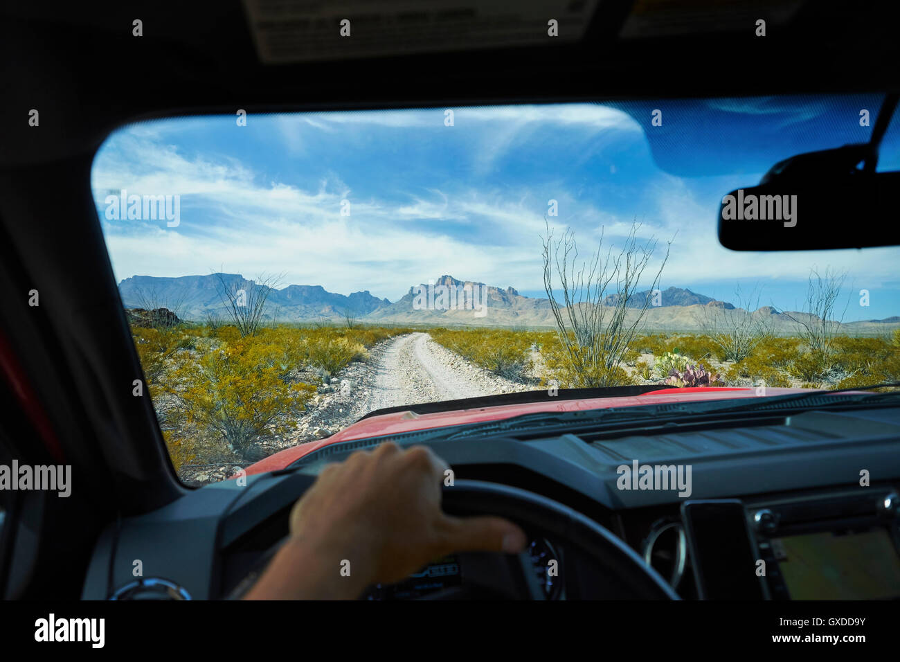 Man driving off road vehicle along dirt track, Big Bend National Park