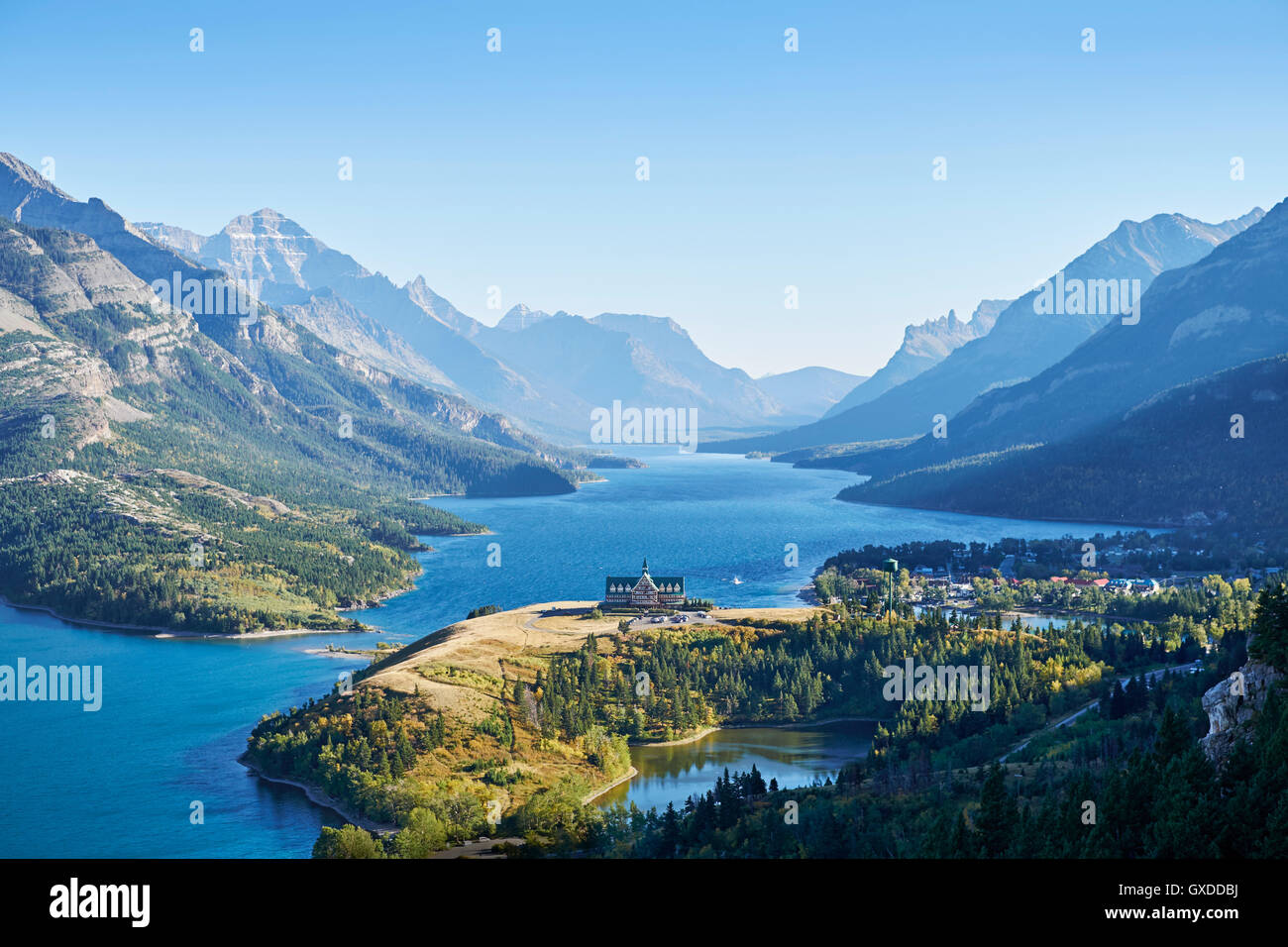 High and view of Waterton Lakes National Park, Alberta, Canada Stock Photo