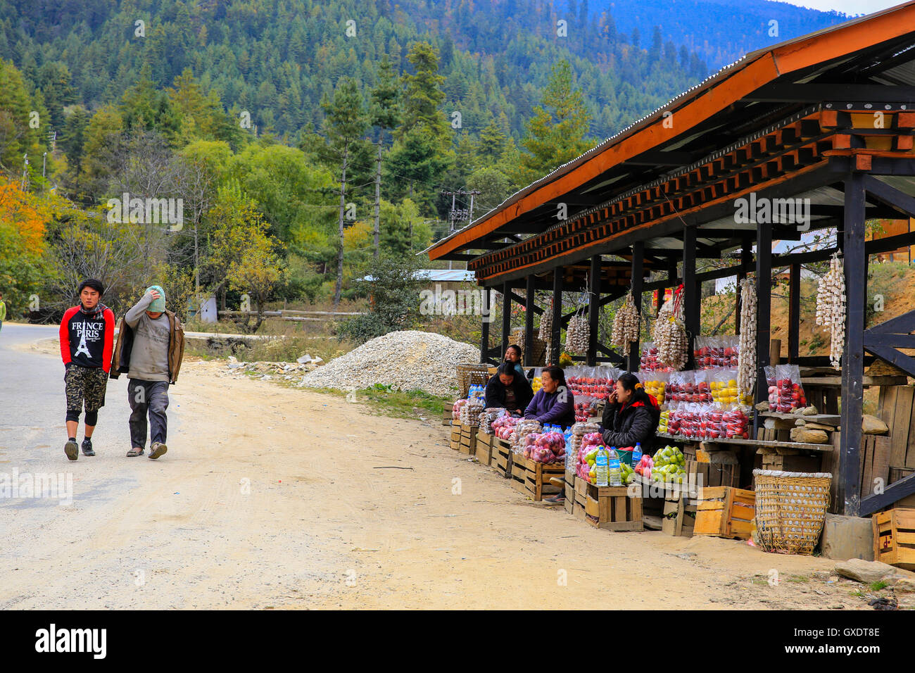 A roadside market on the way from Thimphu to Punaka, Bhutan. Stock Photo