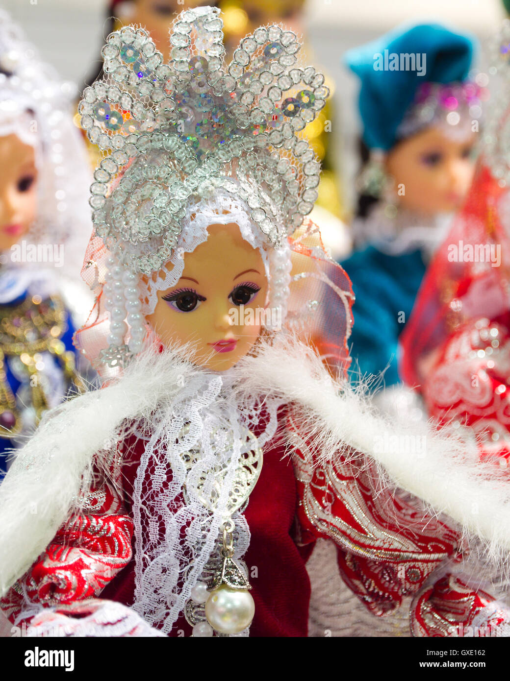 Handmade doll in traditional national russian clothng at the flea market in Moscow (Russia). Stock Photo