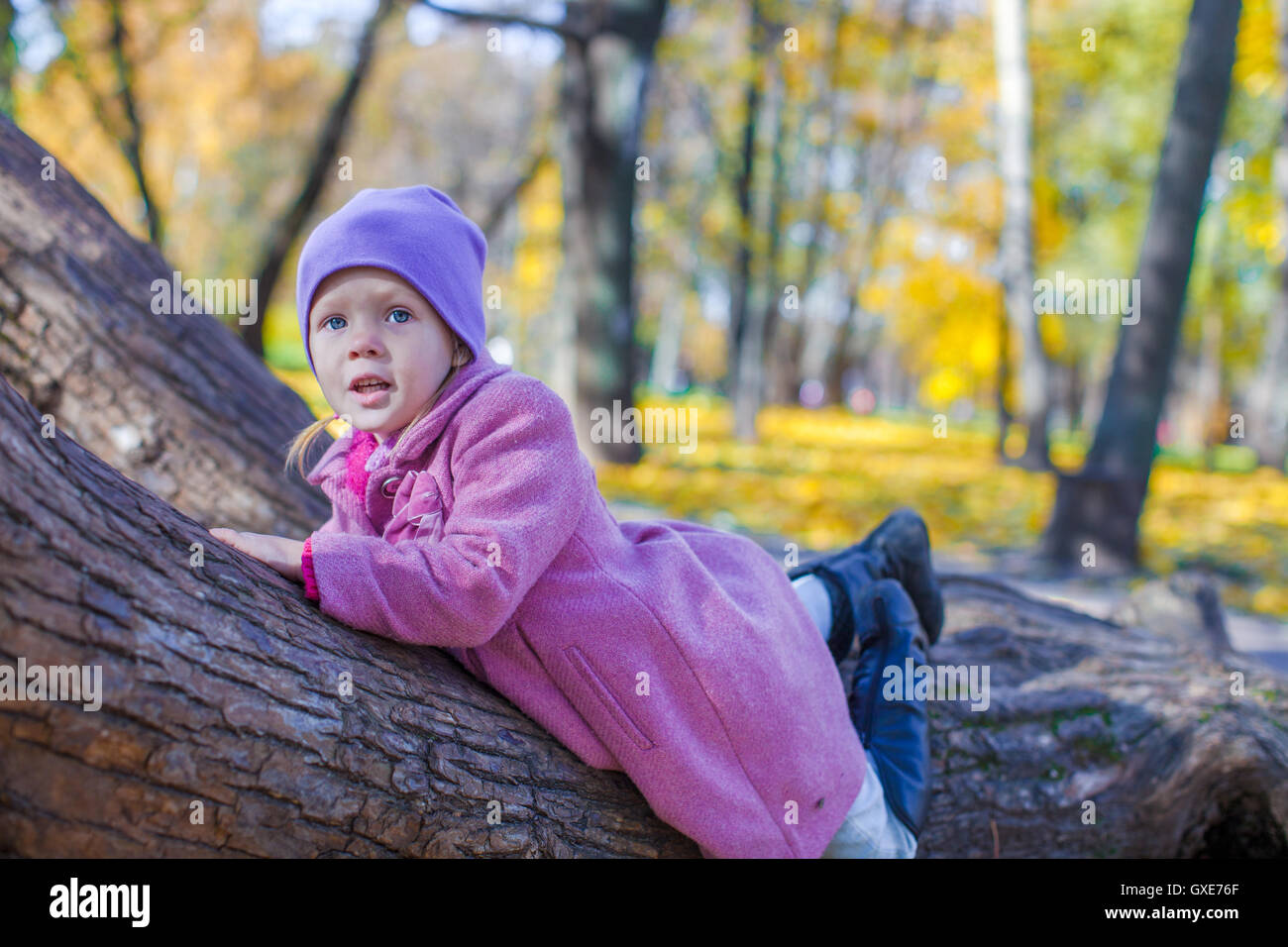 Little happy girl in autumn park Stock Photo - Alamy