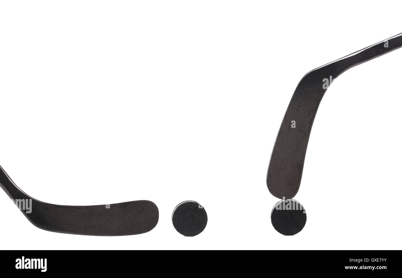 Two black ice hockey stick and puck Stock Photo Alamy