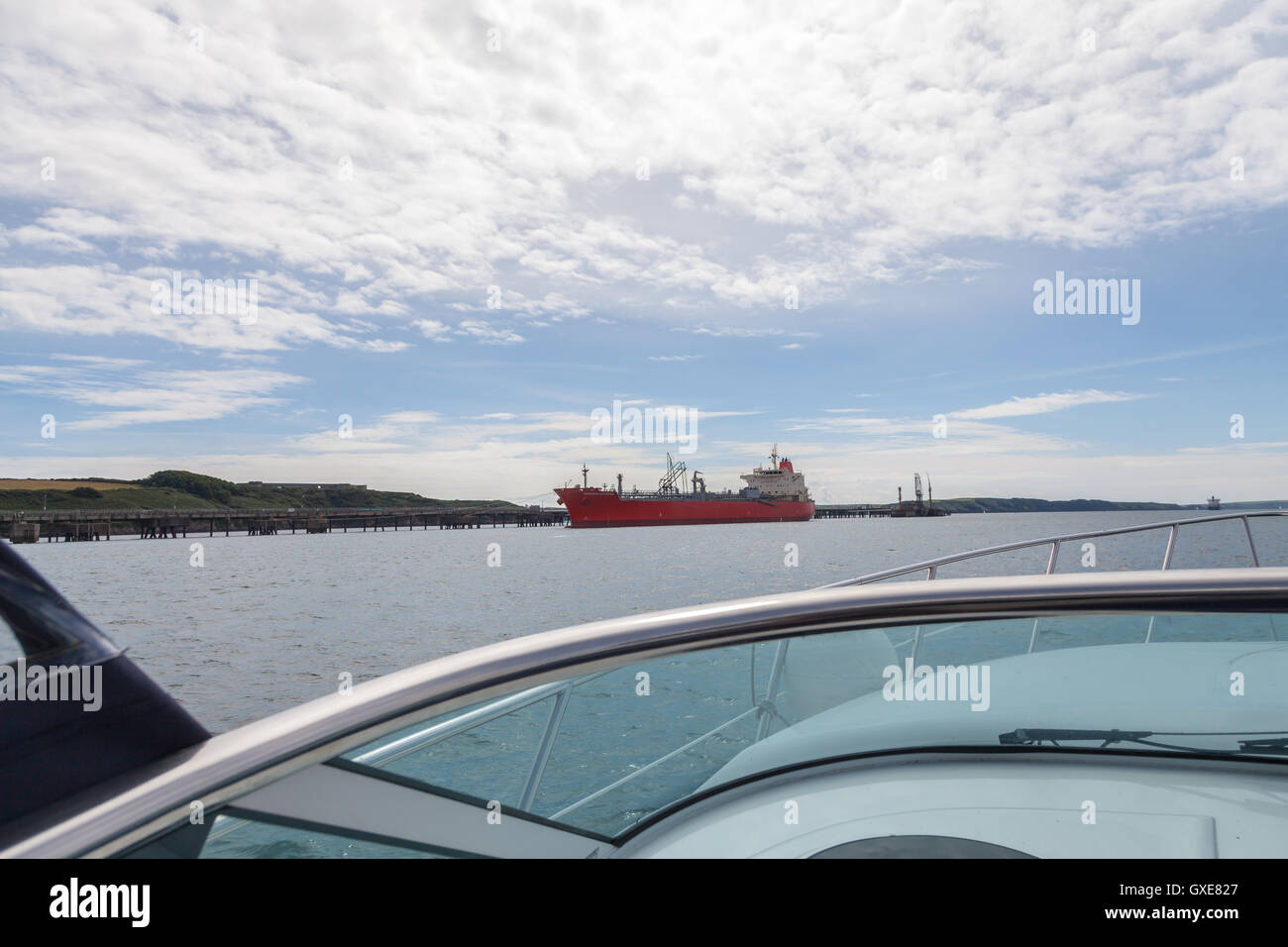 Oil tanker from a boat at Milford Haven, Pembrokeshire, Wales. Stock Photo