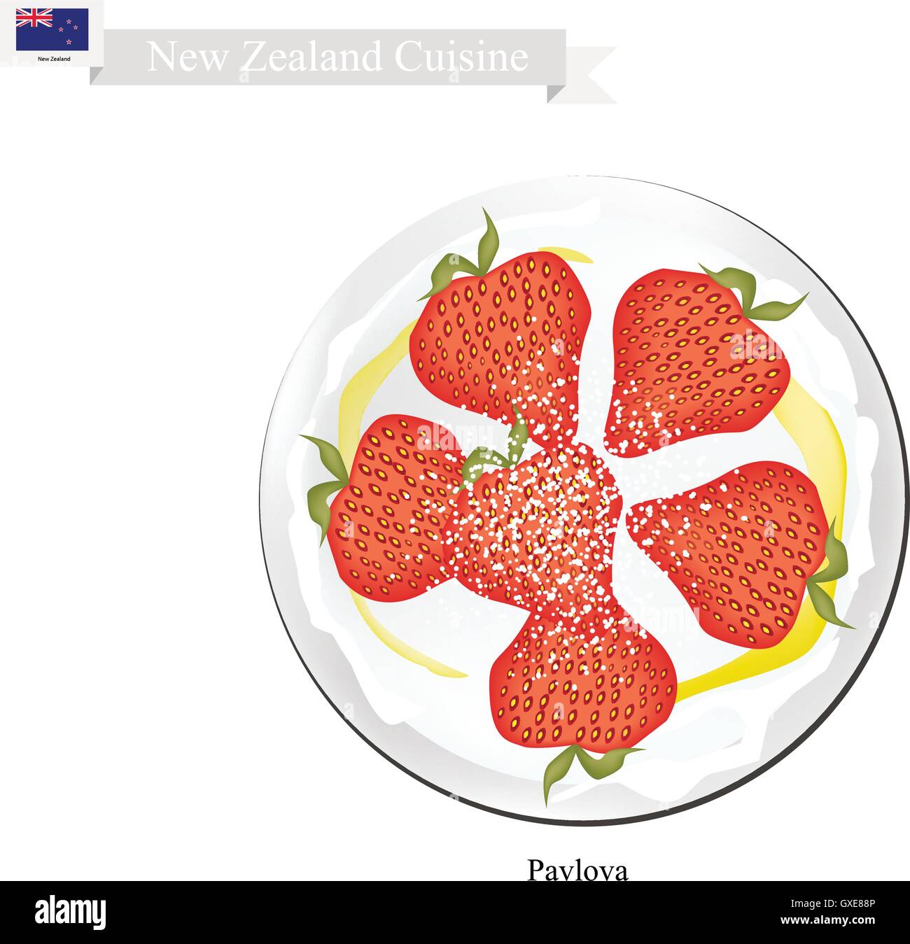 New Zealand Cuisine, Pavlova Meringue Cake Top with Fresh Strawberries