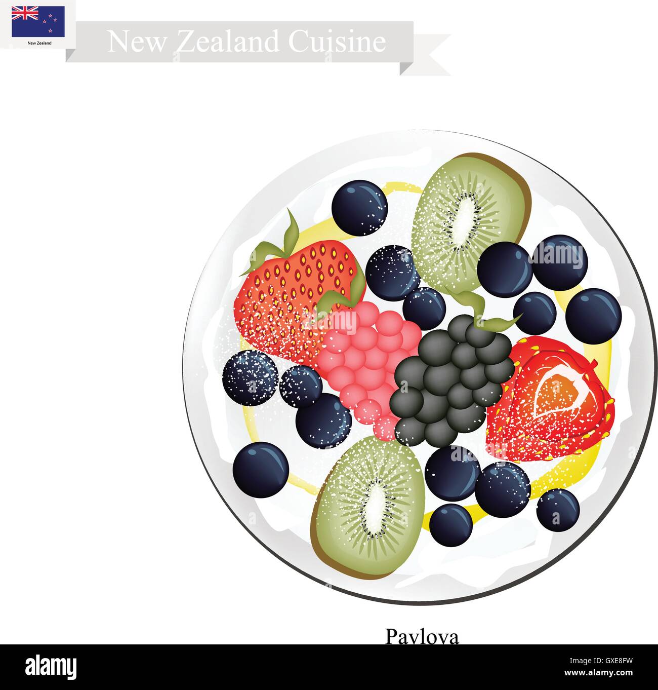 New Zealand Cuisine, Pavlova Meringue Cake Top with Fresh Berry Fruits