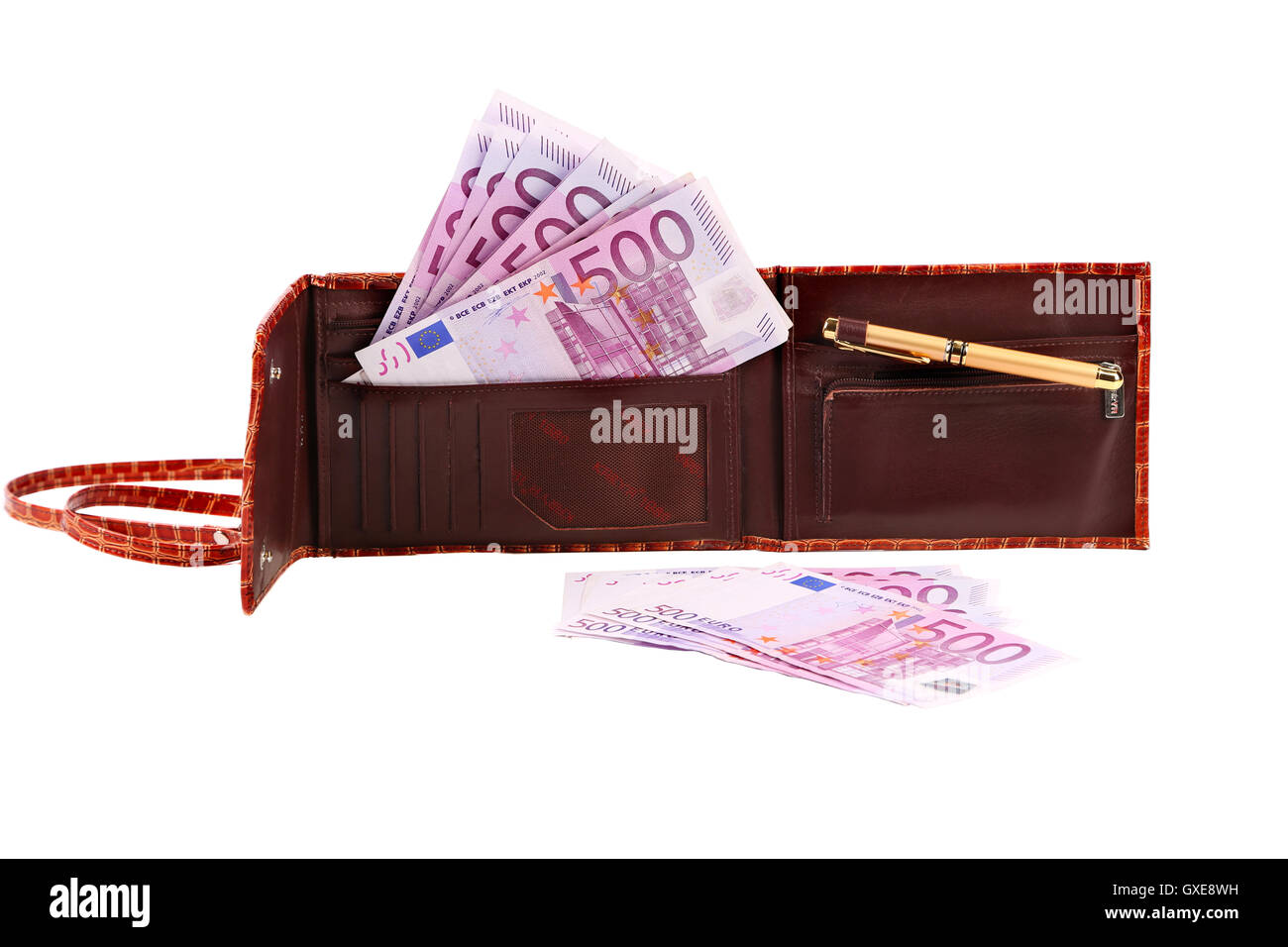 Five hundred euro bill in open brown purse. Stock Photo