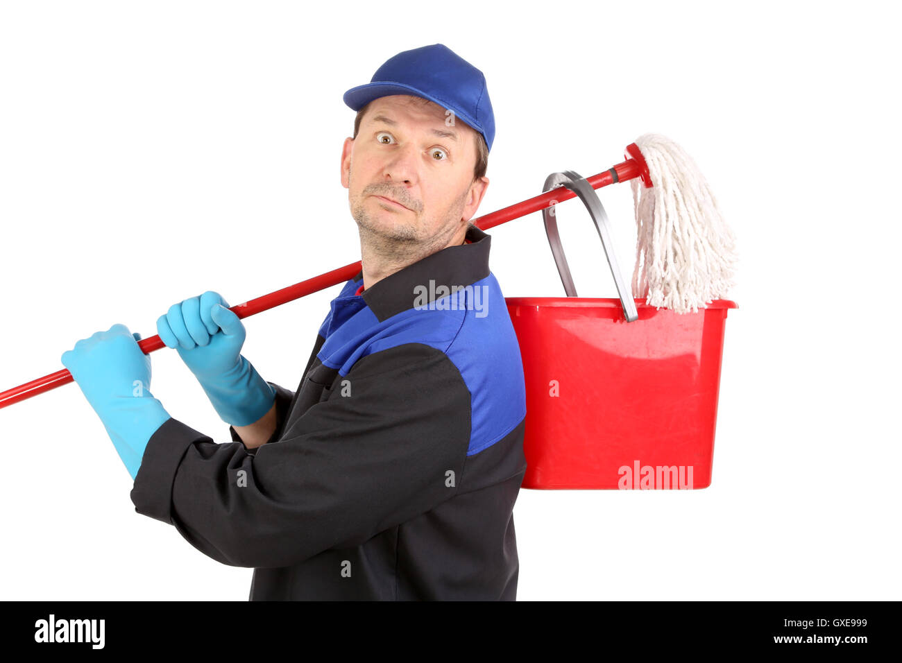 Man holding broom and bucket Stock Photo Alamy