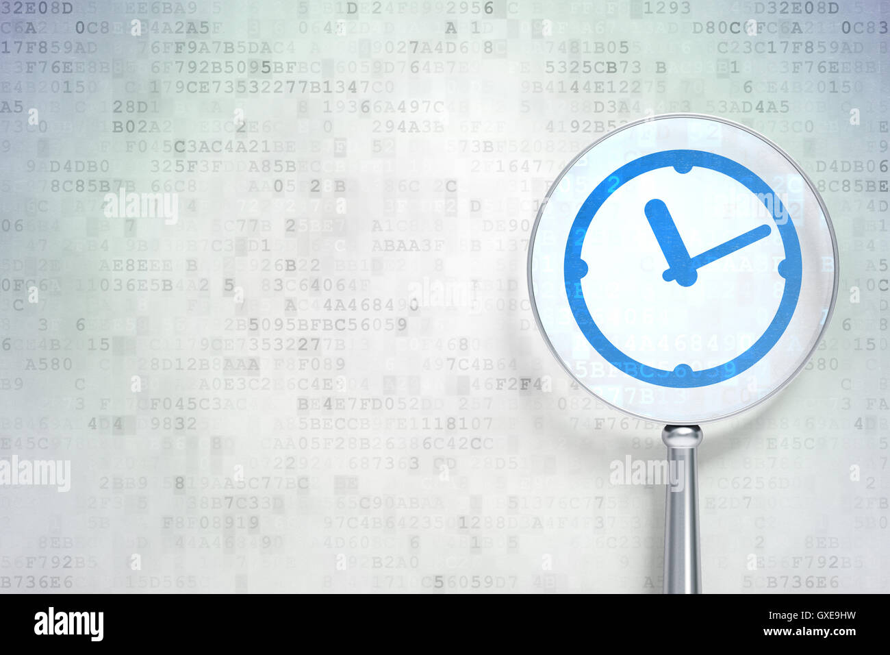 Timeline Clock Timeline concept: Clock with optical glass on digital backgroun Stock ...