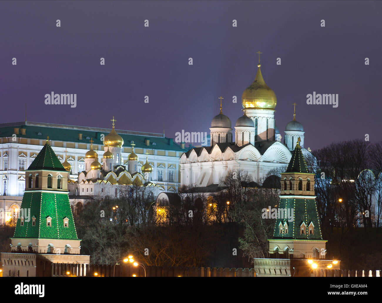 Touristic spot in the Moscow center (landmark): view to the Kremlin with wall and towers and Cathedrals by a winter night Stock Photo
