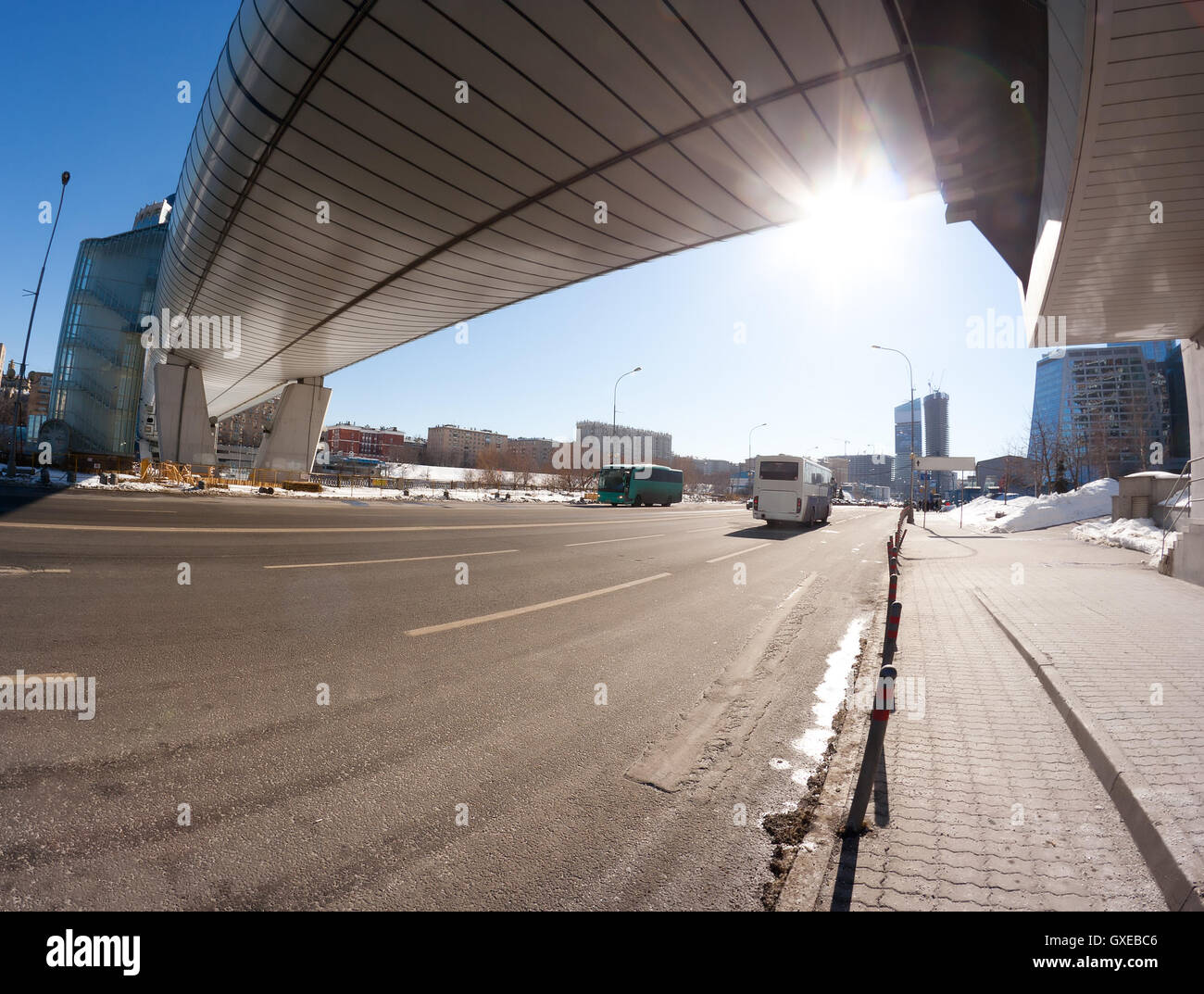 Bagration bridge in Moscow city, a russian architecture landmark that combains a foot-bridge (flyover or pedestrian crossing) Stock Photo