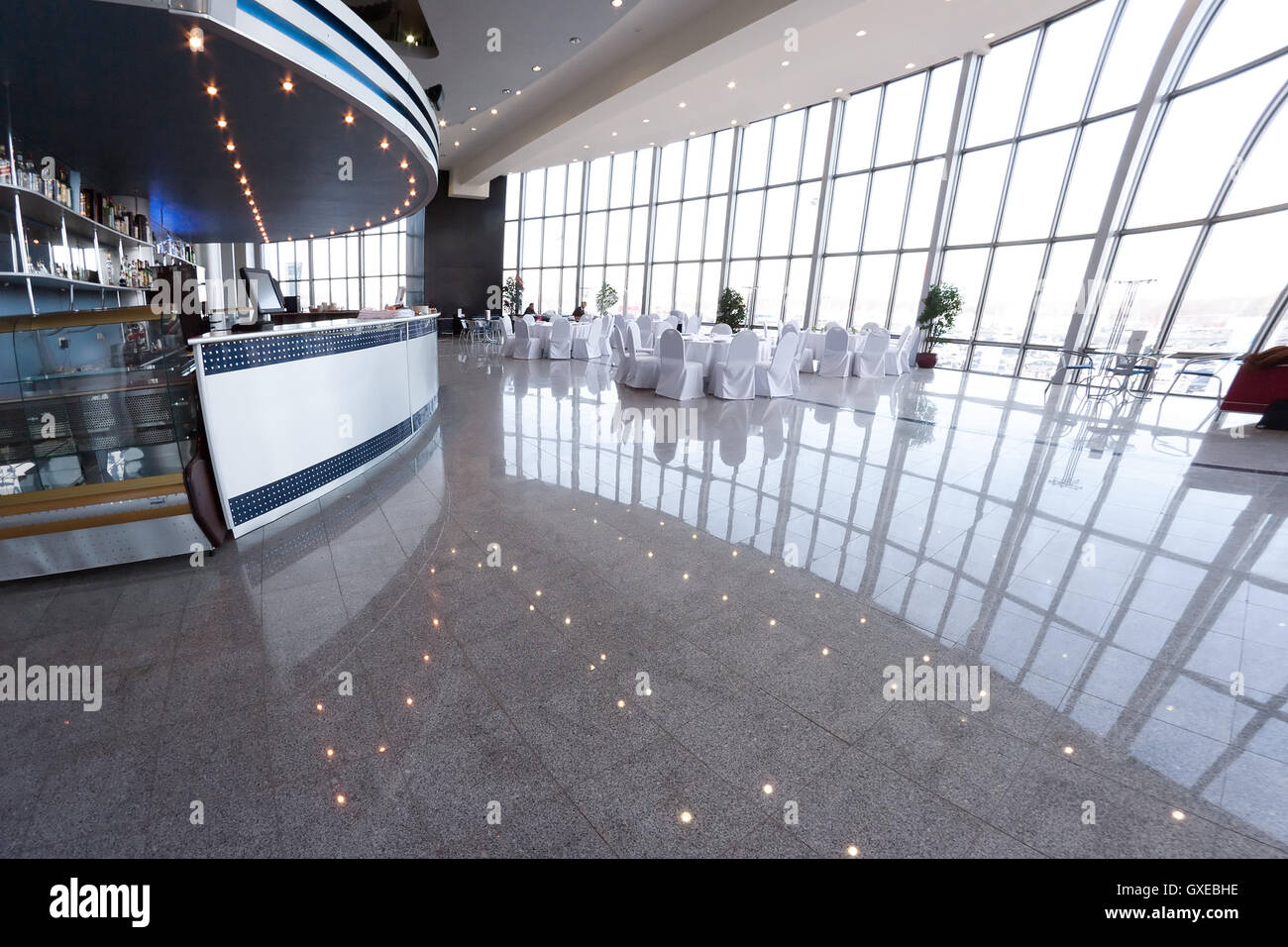 Lounge buffet or restaurant or cafe area of a hotel or airport. A view