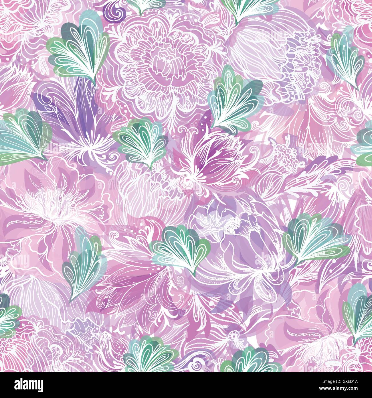 Seamless purple texture with tender glowing flowers and green leaves ...