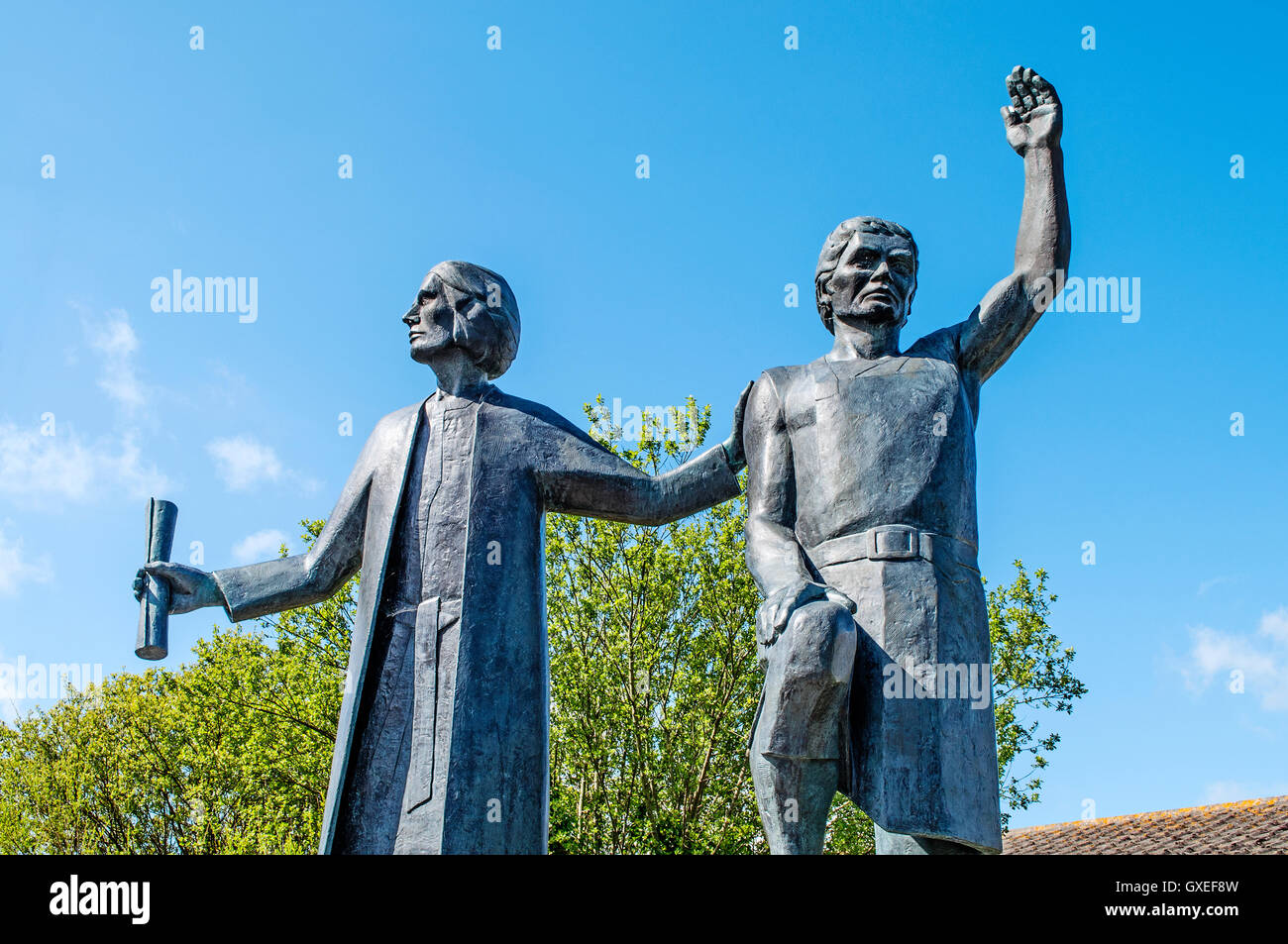 sculpture in St.Keverne, Cornwall, UK of Michael An Gof and Thomas Flamank the two leaders of the Cornish uprising in 1497 Stock Photo