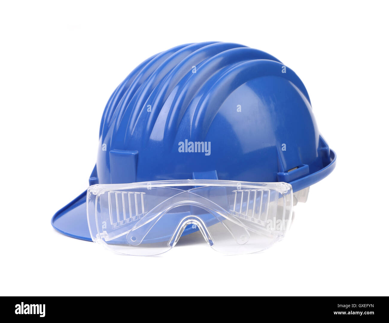 Blue hard hat with glasses Stock Photo Alamy