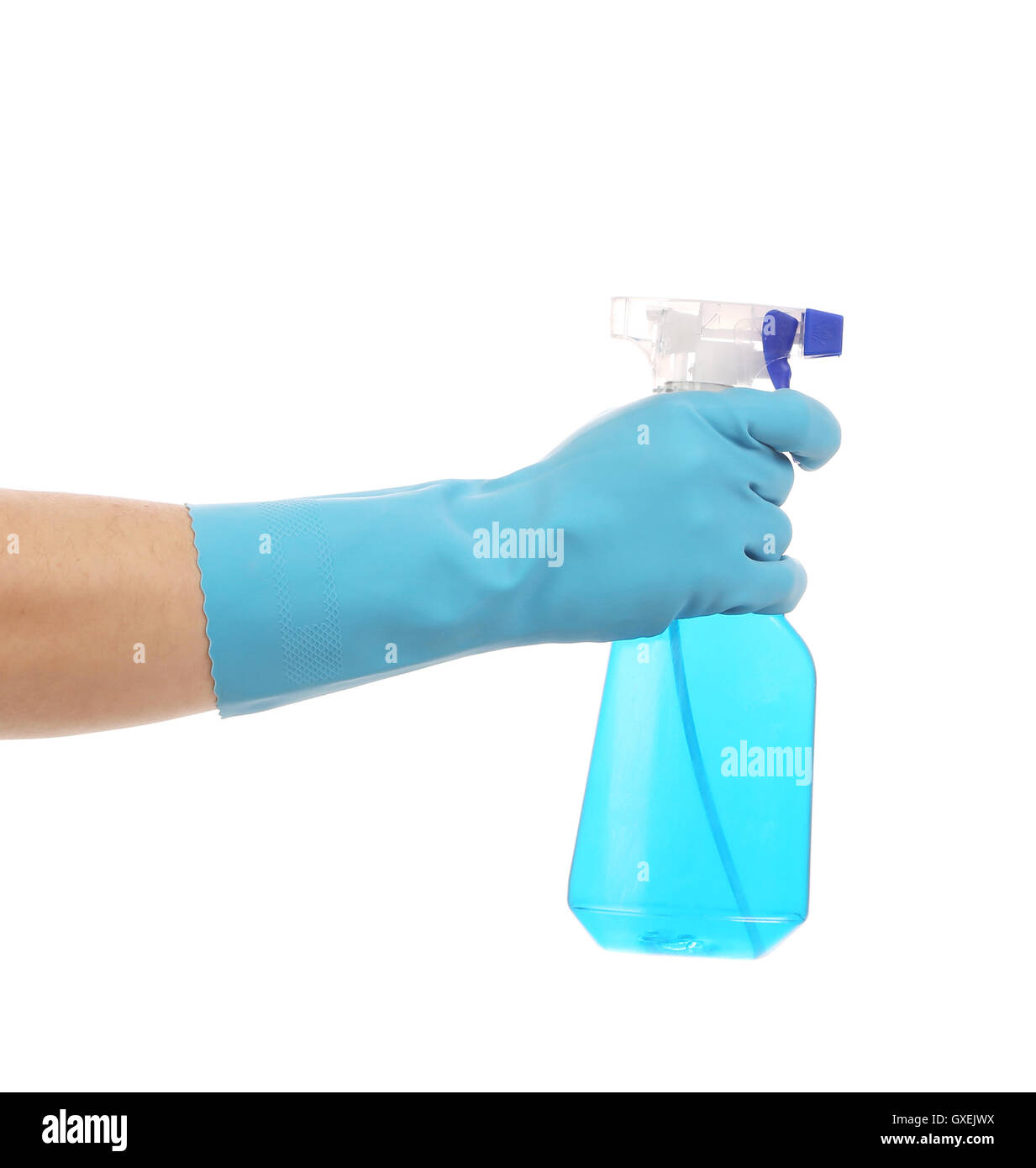 Hand in gloves holds spray bottle Stock Photo Alamy