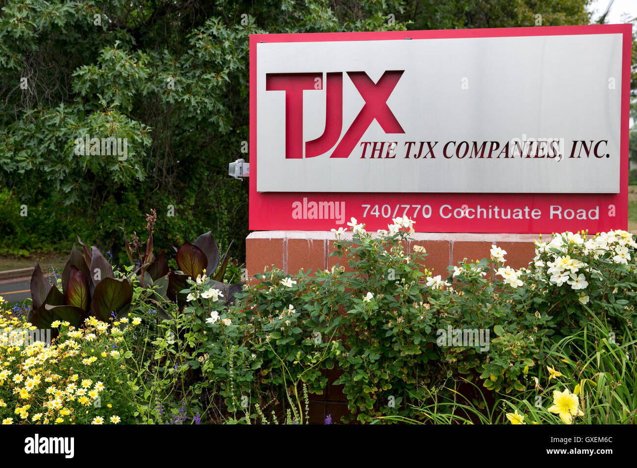 A logo sign outside of the headquarters of The TJX Companies, Inc., in Framingham, Massachusetts