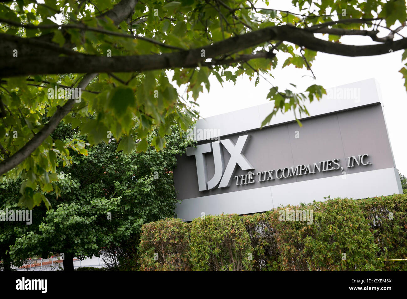 A logo sign outside of the headquarters of The TJX Companies, Inc., in Framingham, Massachusetts