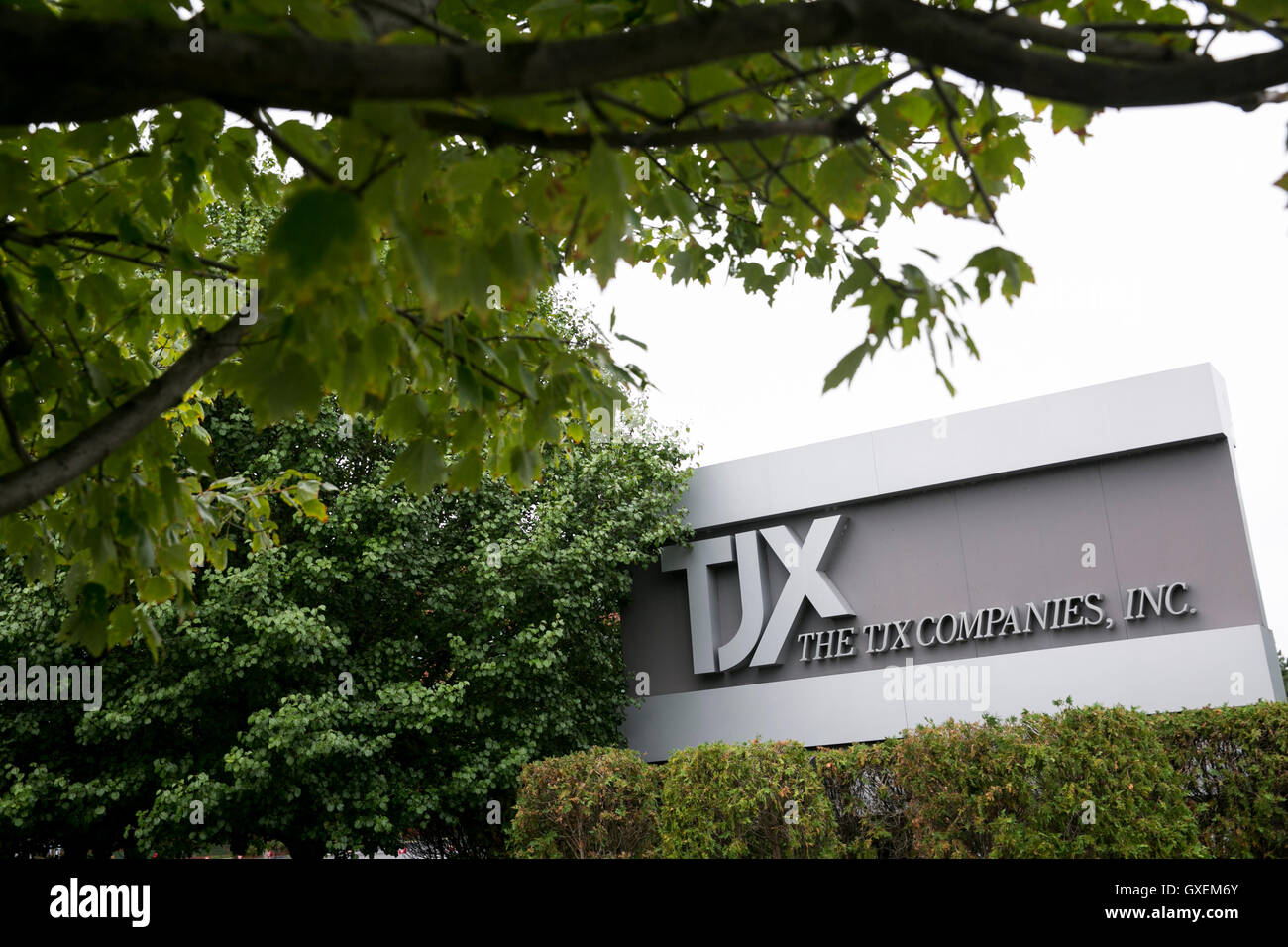 A logo sign outside of the headquarters of The TJX Companies, Inc., in Framingham, Massachusetts