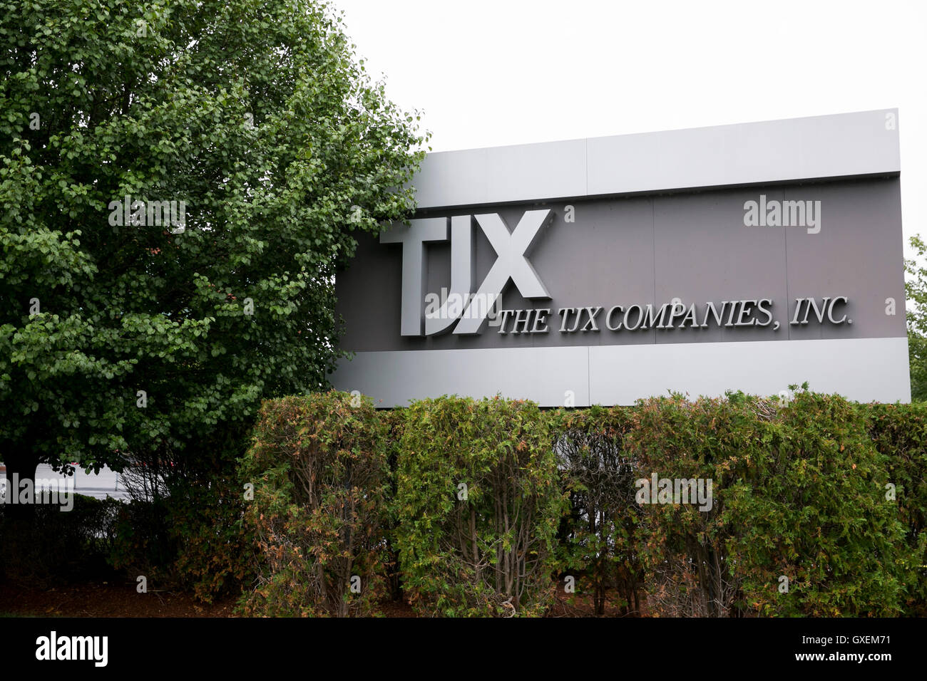 A logo sign outside of the headquarters of The TJX Companies, Inc., in Framingham, Massachusetts