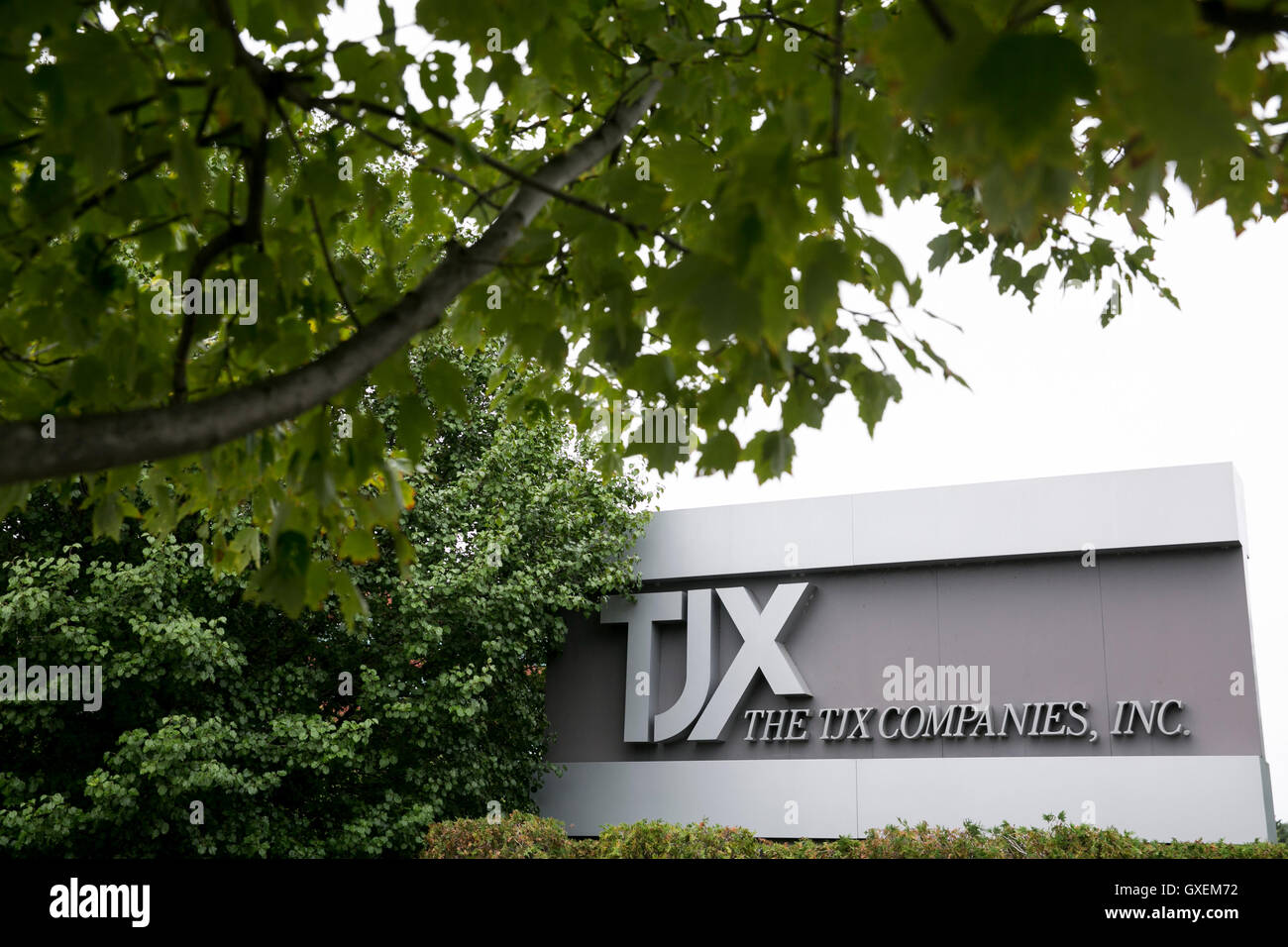 A logo sign outside of the headquarters of The TJX Companies, Inc., in Framingham, Massachusetts