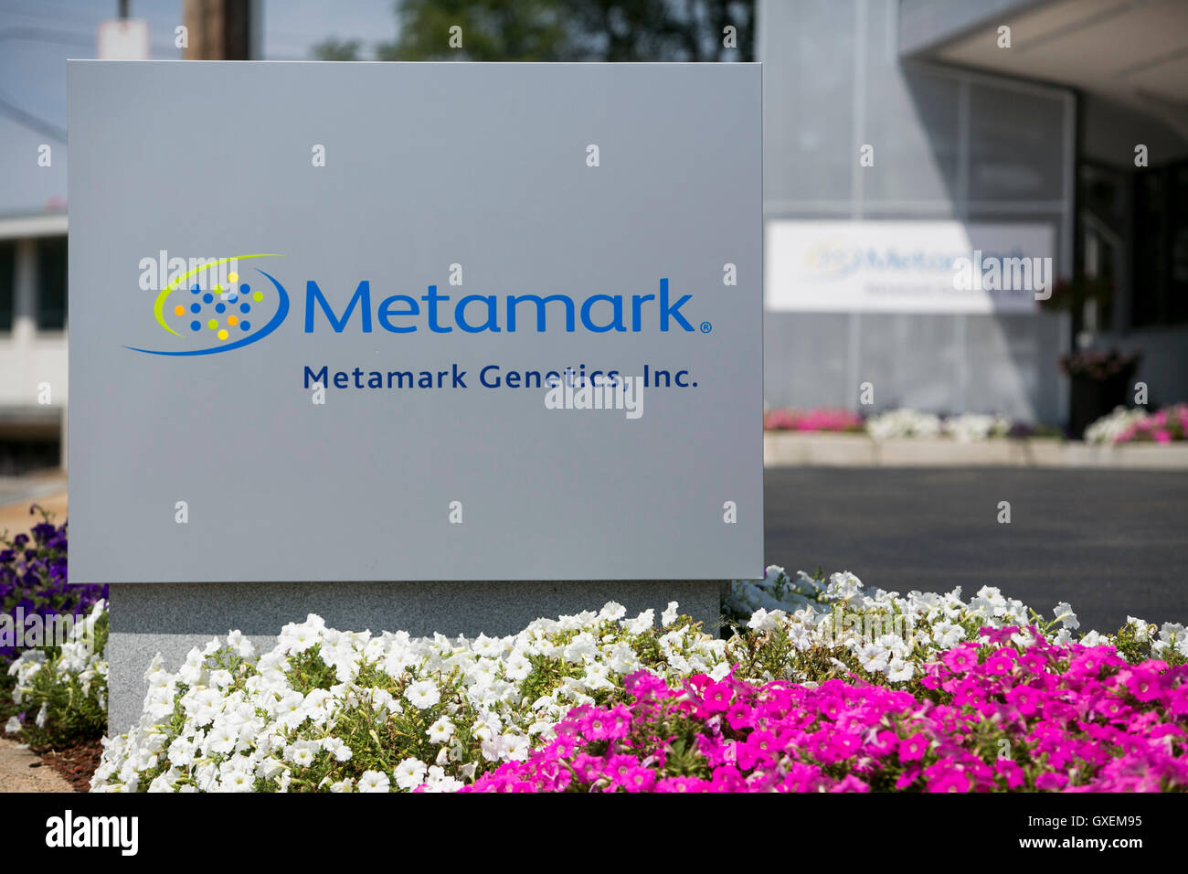 A logo sign outside of a facility occupied by Metamark Genetics in Waltham, Massachusetts on August 13, 2016. Stock Photo