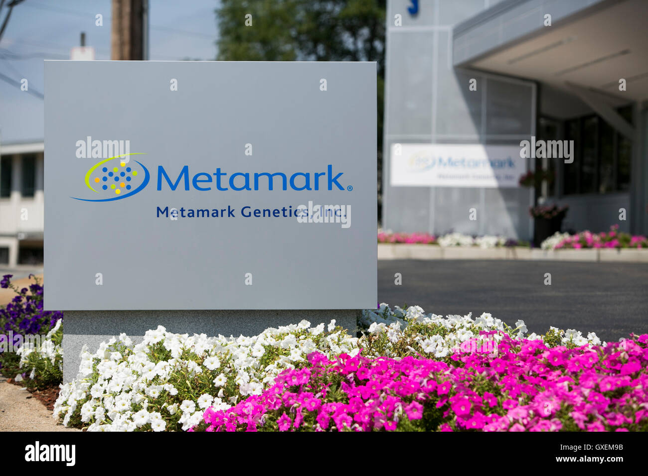 A logo sign outside of a facility occupied by Metamark Genetics in Waltham, Massachusetts on August 13, 2016. Stock Photo