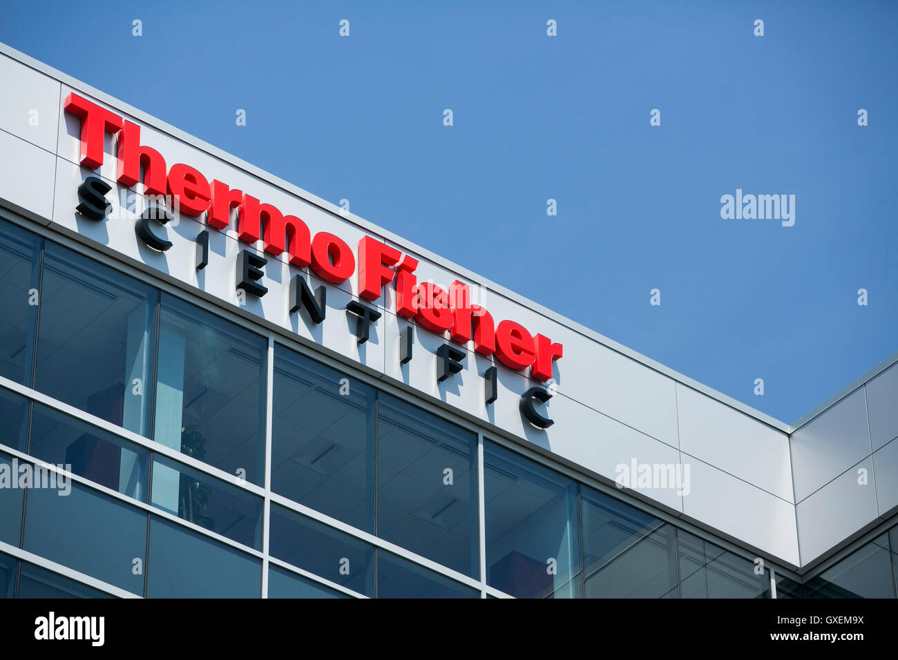 A logo sign outside of the headquarters of Thermo Fisher Scientific in Waltham, Massachusetts on August 13, 2016. Stock Photo