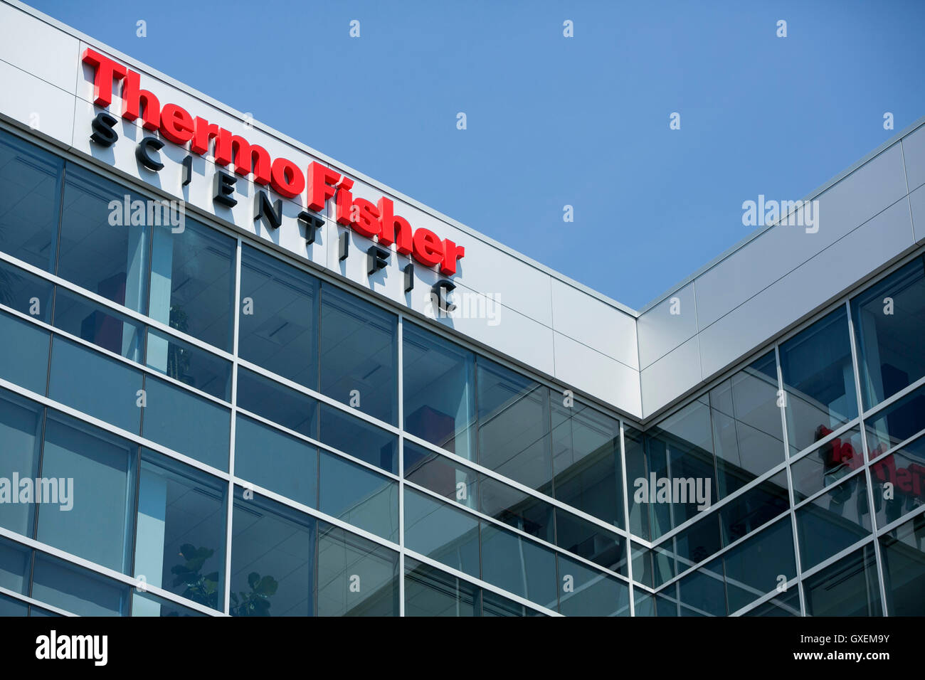 A logo sign outside of the headquarters of Thermo Fisher Scientific in Waltham, Massachusetts on August 13, 2016. Stock Photo