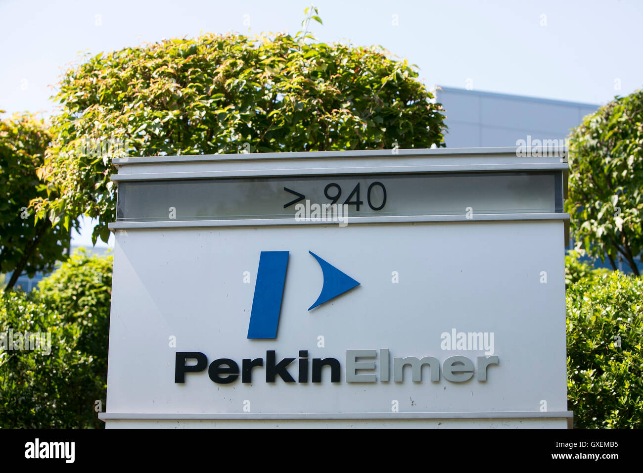 A logo sign outside of the headquarters of PerkinElmer, Inc., in