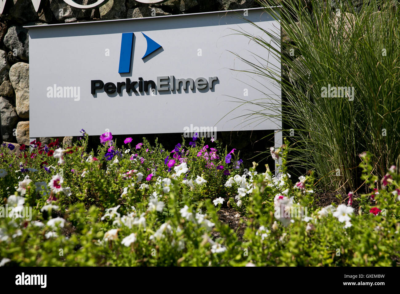 A logo sign outside of the headquarters of PerkinElmer, Inc., in