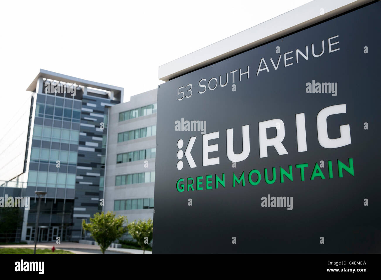A logo sign outside of the headquarters of Keurig Green Mountain in Burlington, Massachusetts on