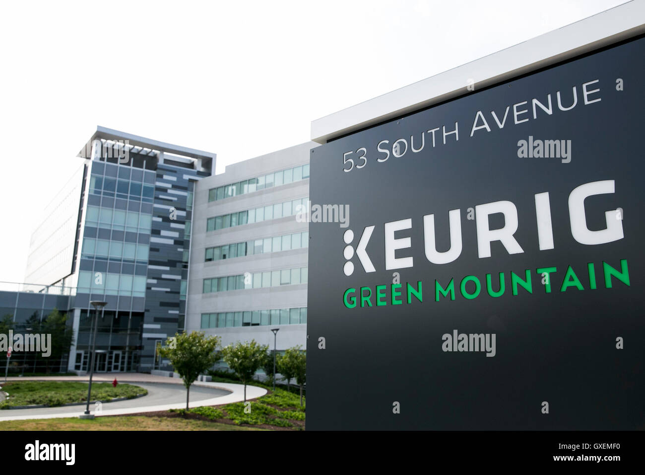 A logo sign outside of the headquarters of Keurig Green Mountain in Burlington, Massachusetts on August 13, 2016. Stock Photo