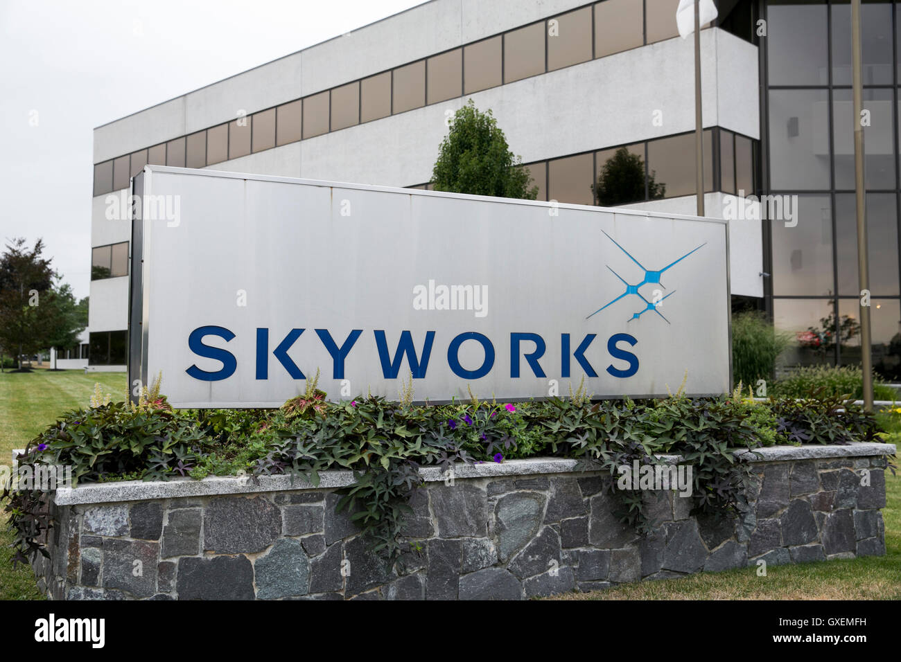 A logo sign outside of the headquarters of Skyworks Solutions, Inc., in