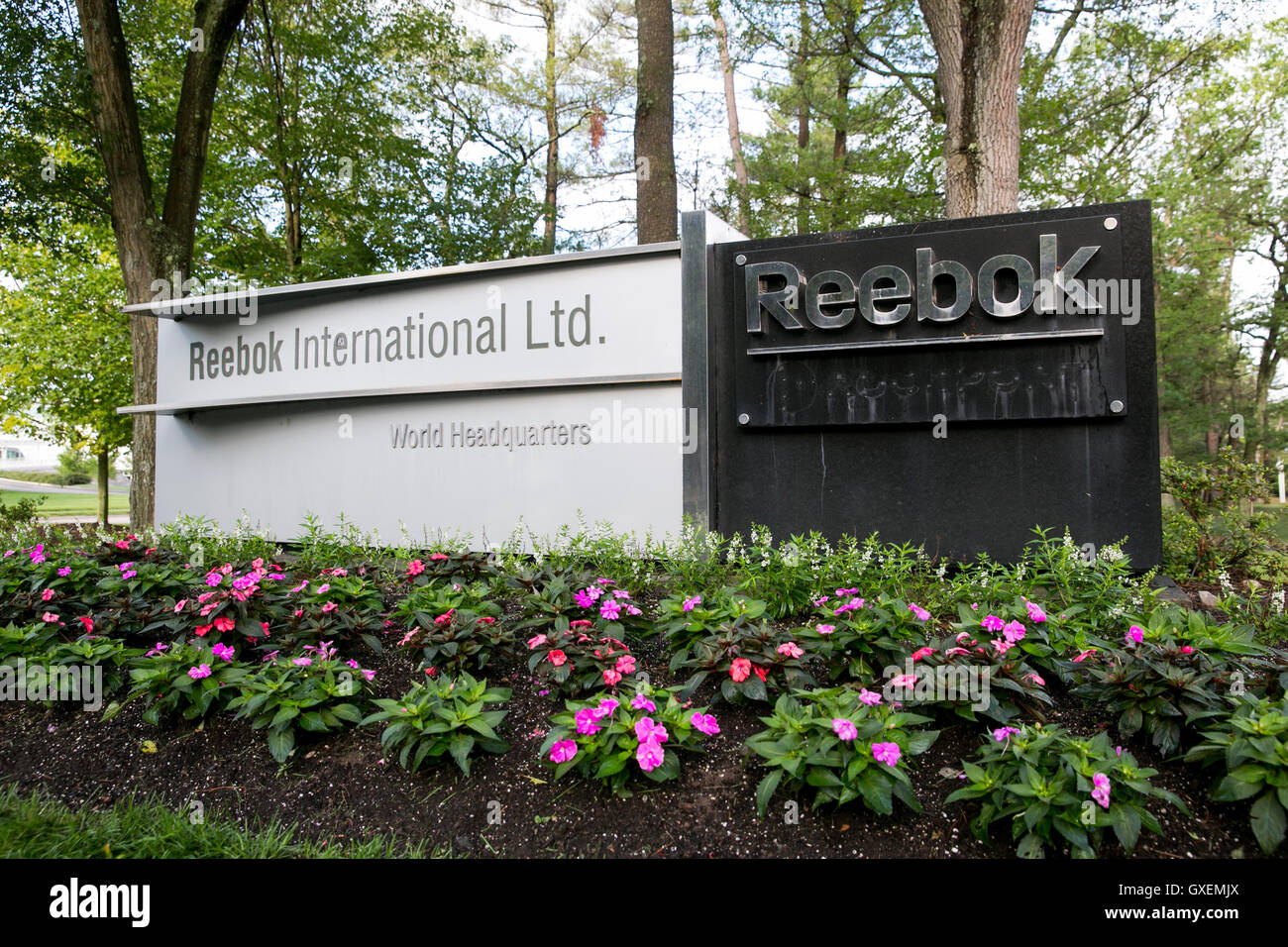 A logo sign outside of the headquarters of Reebok International Ltd., in  Canton, Massachusetts on August 14, 2016 Stock Photo - Alamy