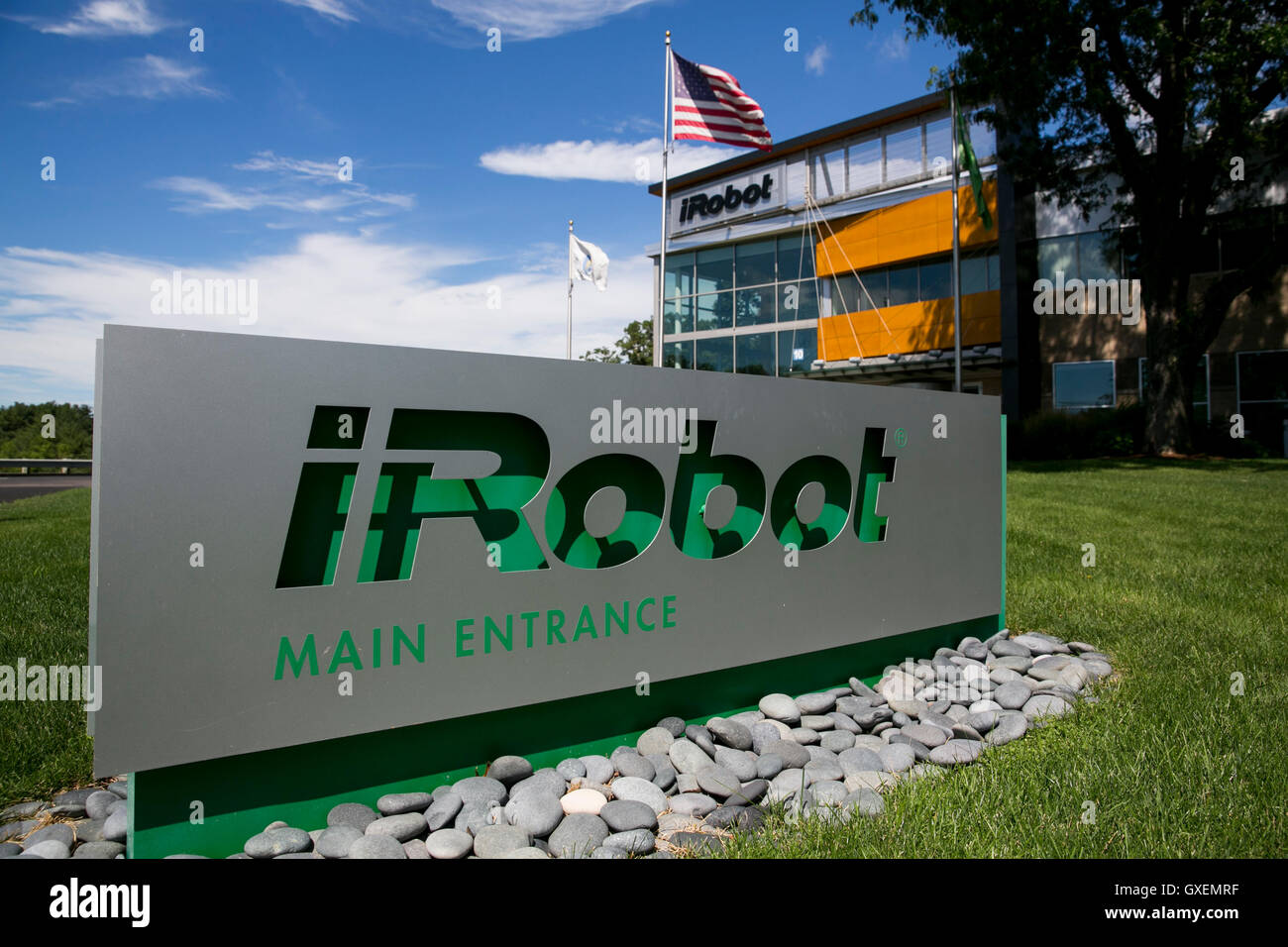 A logo sign outside of the headquarters of the iRobot Corporation in  Bedford, Massachusetts on August 14, 2016 Stock Photo - Alamy