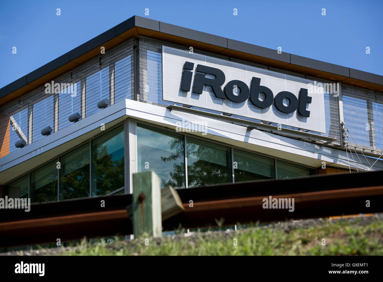 A logo sign outside of the headquarters of the iRobot Corporation in  Bedford, Massachusetts on August 14, 2016 Stock Photo - Alamy