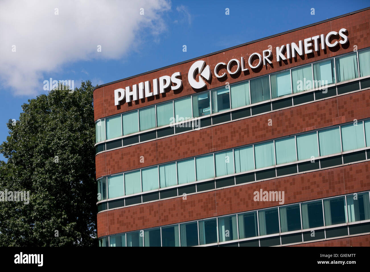 A logo sign outside of the headquarters of Philips Color Kinetics in Burlington, Massachusetts on August 14, 2016. Stock Photo