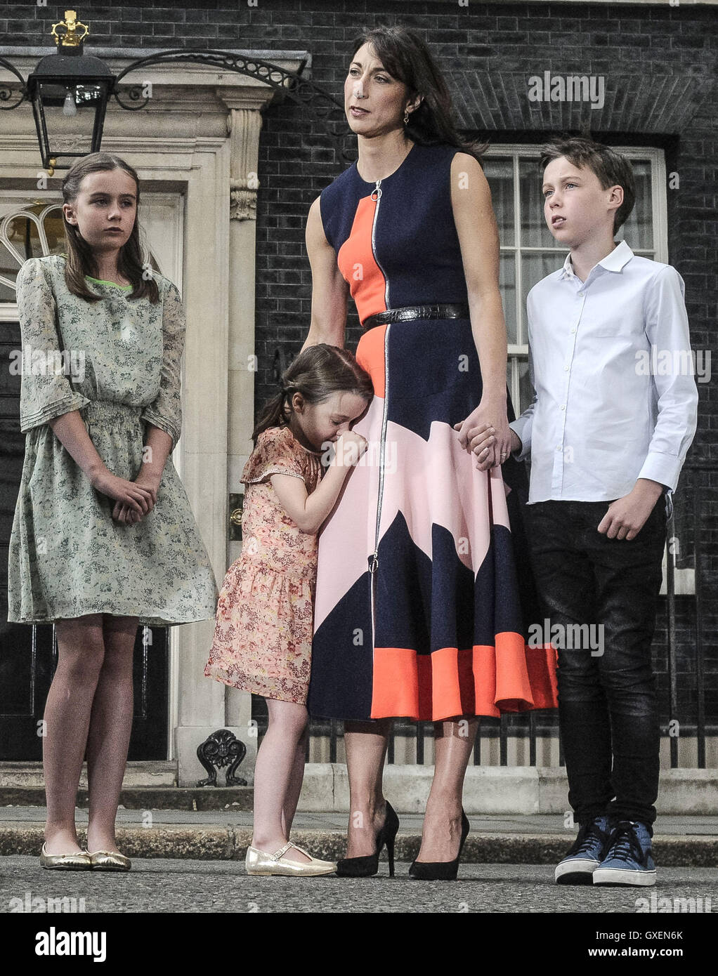 David Cameron makes his final statement as Prime Minister before leaving 10 Downing Street  Featuring: Nancy Gwen Cameron, Florence Rose Endellion Cameron, Samantha Cameron, Arthur Elwen Cameron Where: London, United Kingdom When: 13 Jul 2016 Stock Photo