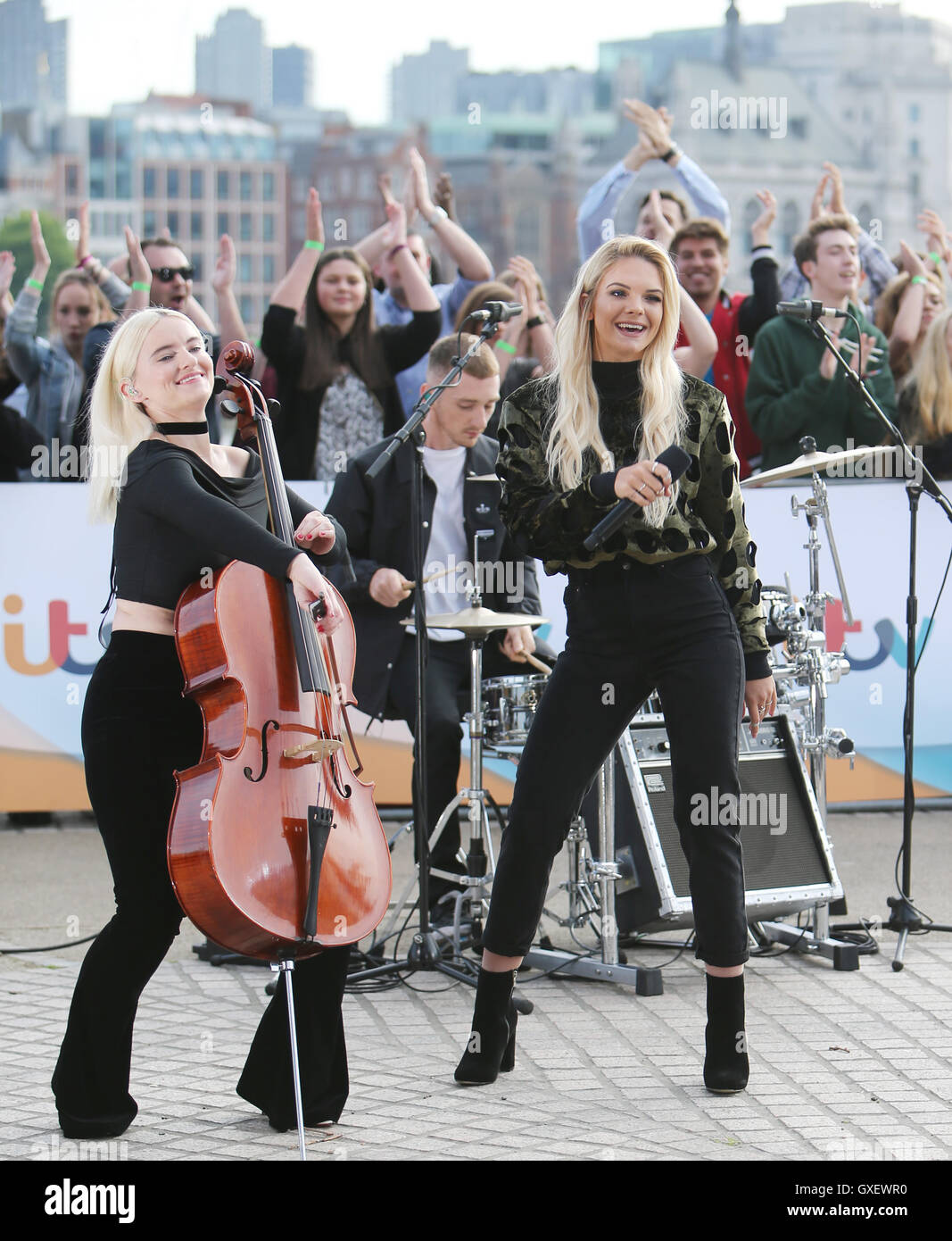 Louisa Johnson singing with Clean Bandit outside ITV Studios Featuring