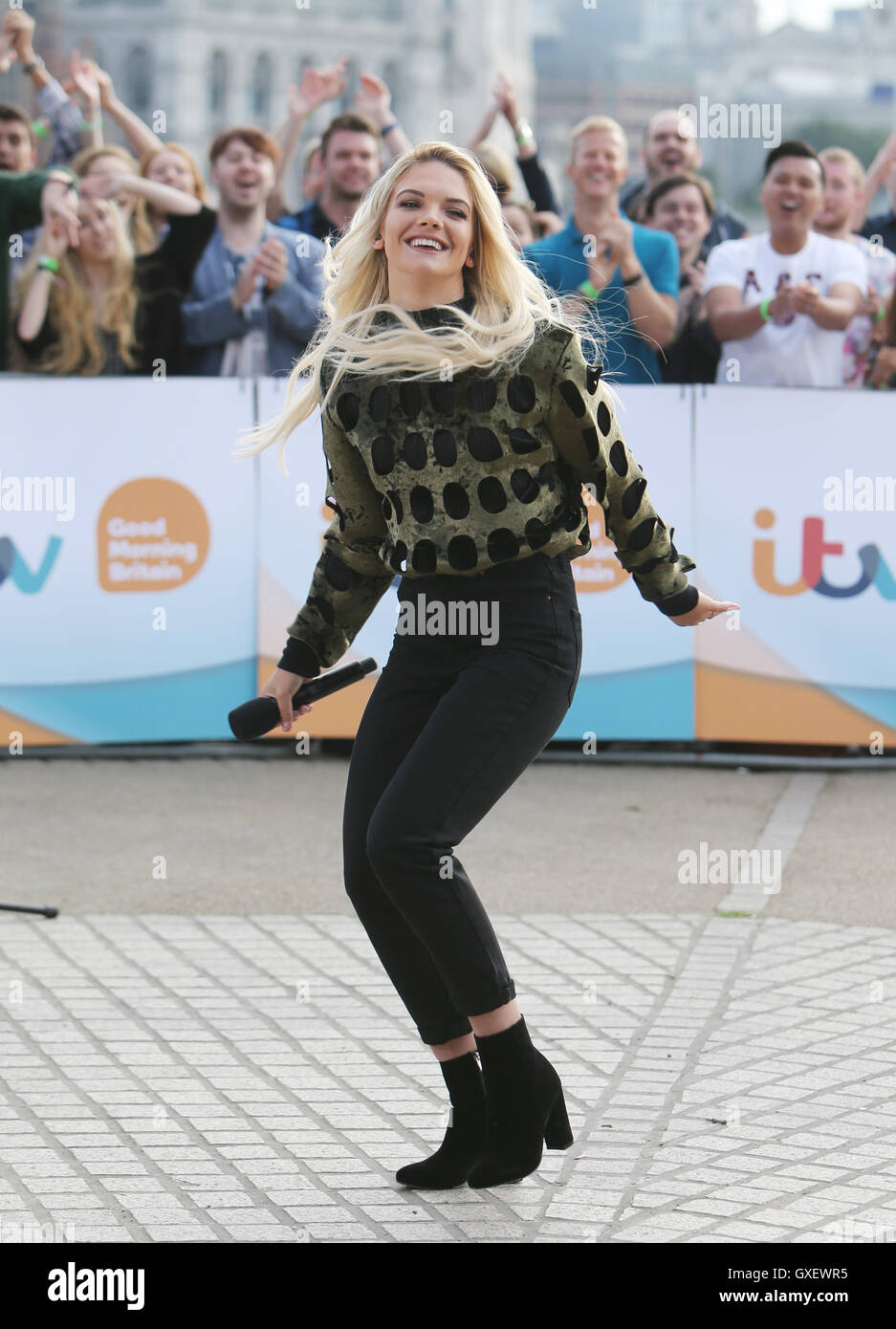 Louisa Johnson singing with Clean Bandit outside ITV Studios Featuring