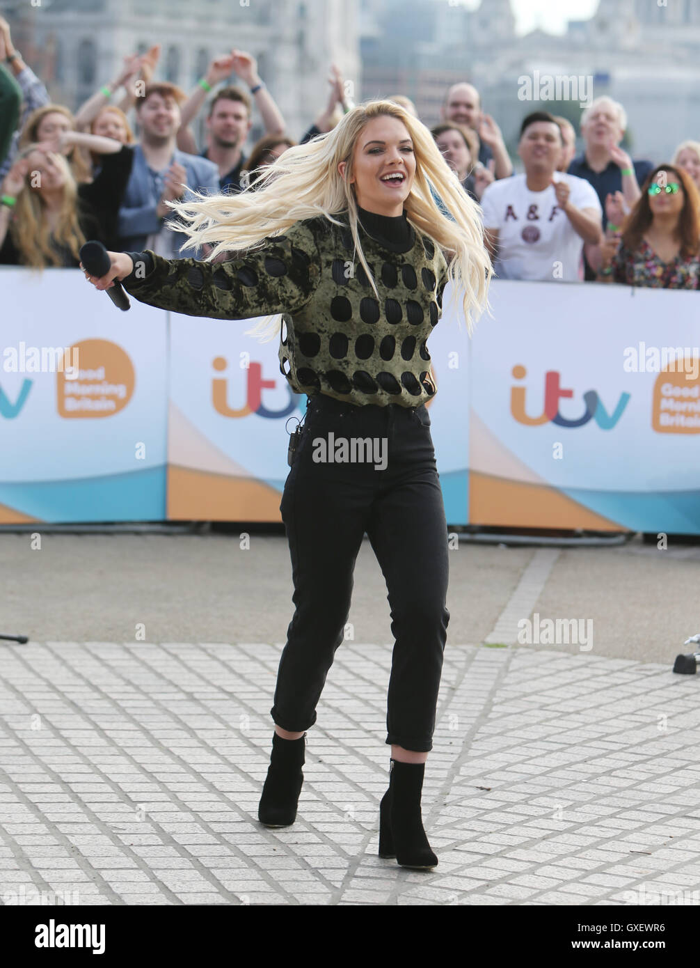 Louisa Johnson singing with Clean Bandit outside ITV Studios Featuring
