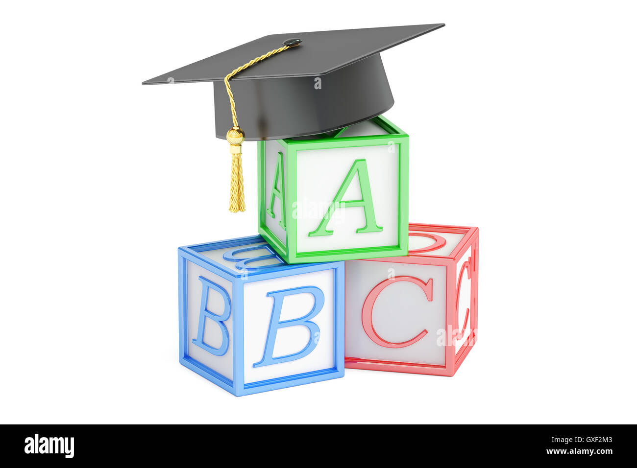 education concept, abc cubes with graduation cap. 3D rendering Stock Photo